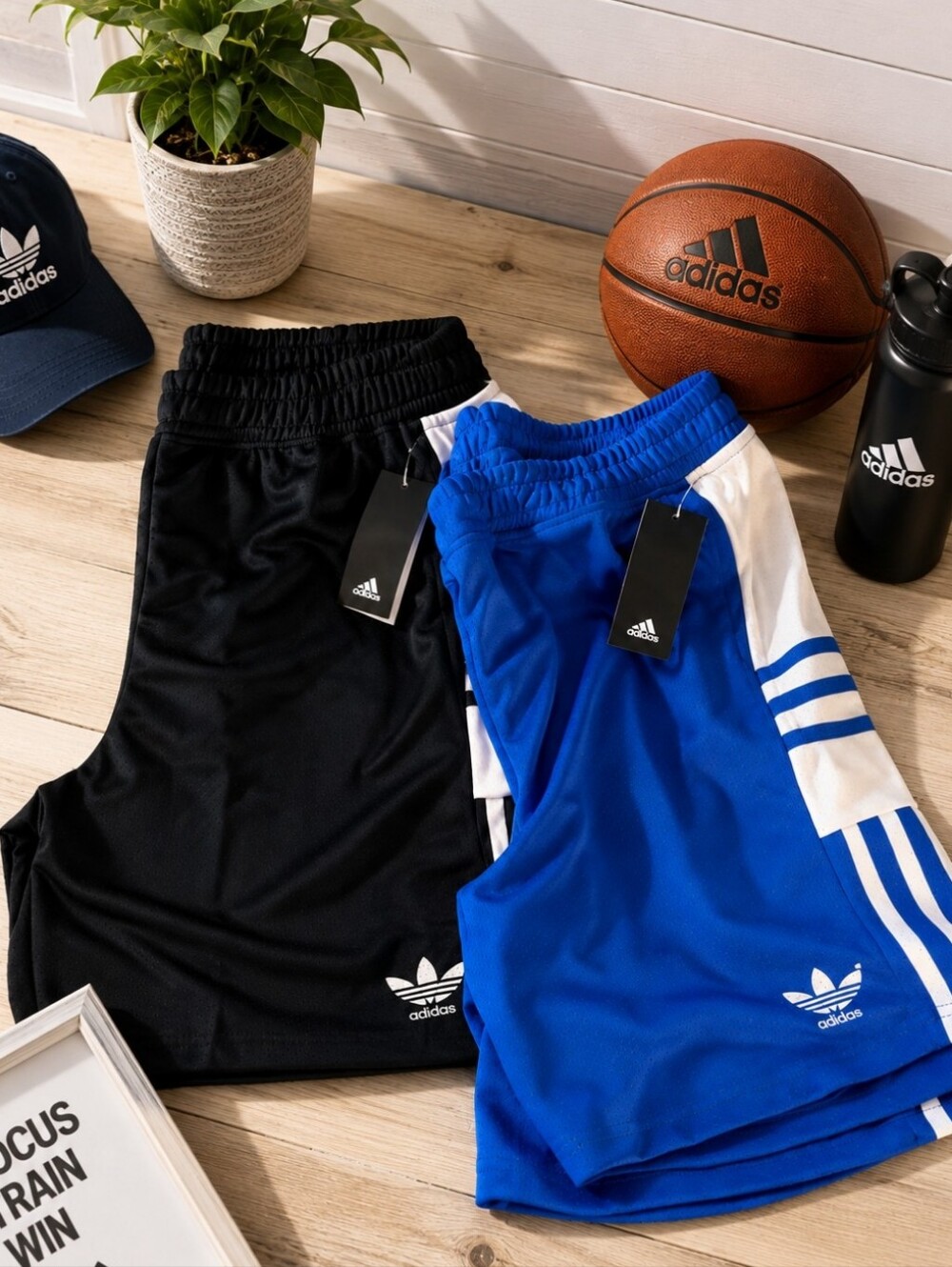 adidas Set Of 2 Mens 3-Stripe Athletic Shorts - Black and Blue.